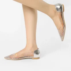 Allegra K Women's Pointed Toe Clear Rhinestone Ballet Flats