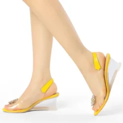 Allegra K Women's Clear Slingback Wedges Rhinestone Transparent Peep Toe Heels