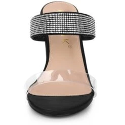 Allegra K Women's Clear Strap Rhinestones Heel Chunky Heels Slide Sandals