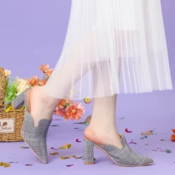 Perphy Pointed Toe Slip On Chunky Heels Houndstooth Slide Mules For Women