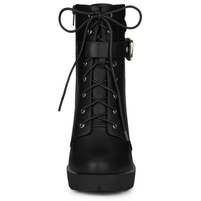 Allegra K Women's Platform Buckle Lace Up Block Heel Ankle Boot 4 Allegra K Women's Platform Buckle Lace Up Block Heel Ankle Boot - Image 2