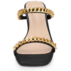 Perphy Snakeskin Printed Square Toe Chain Stiletto Heels Slide Sandals For Women