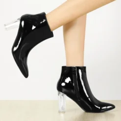 Allegra K Women's Clear Heel Pointy Toe Chunky Heels Ankle Boots