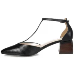 Journee Signature Womens Genuine Leather Cameela Buckle Low Stacked Heel Almond Toe Pumps