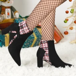 Allegra K Women's Plaid Pointed Toe Block Heels Ankle Boots
